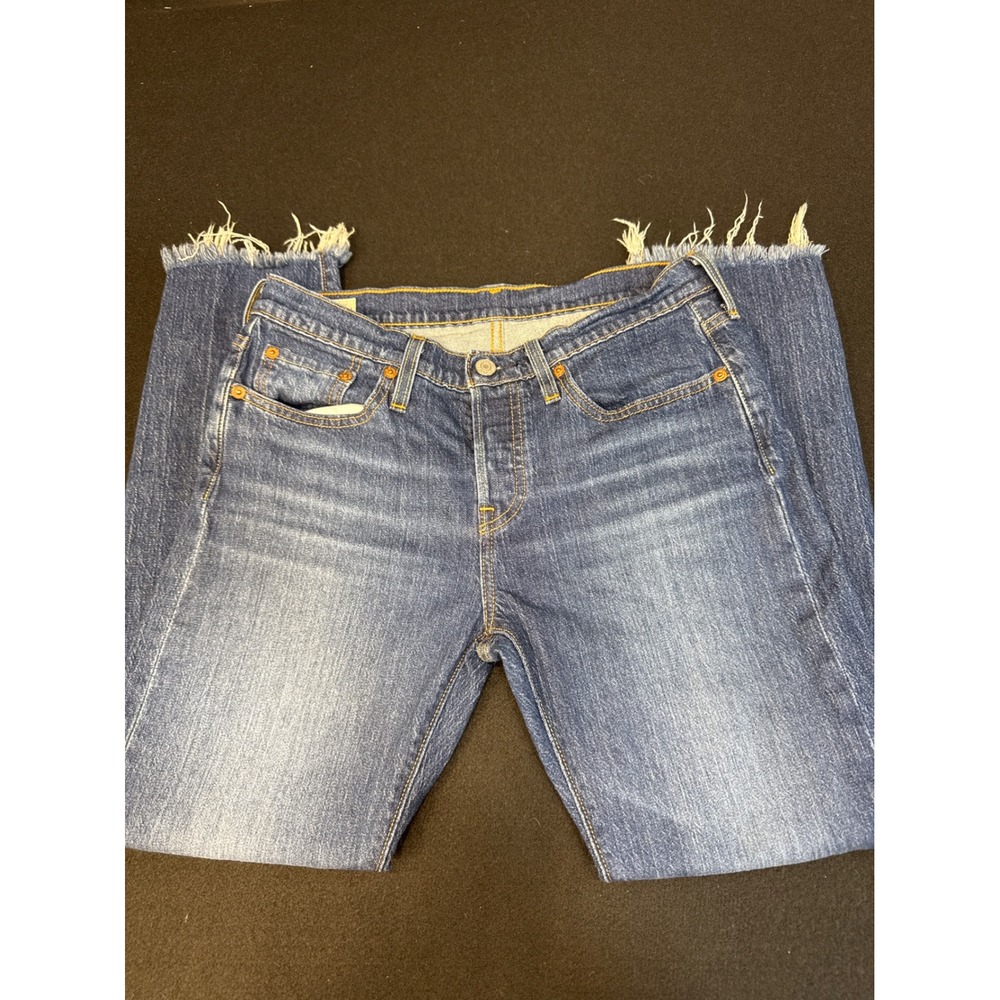 Levis Premium 501 Skinny Jeans Blue Distressed Ripped Knee Raw Hem 27 28
